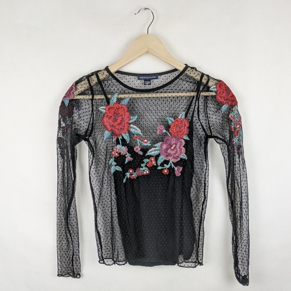 American Eagle Outfitters Tops - AEO Black / Multi Rose Mesh + Cami Long Sleeve Top